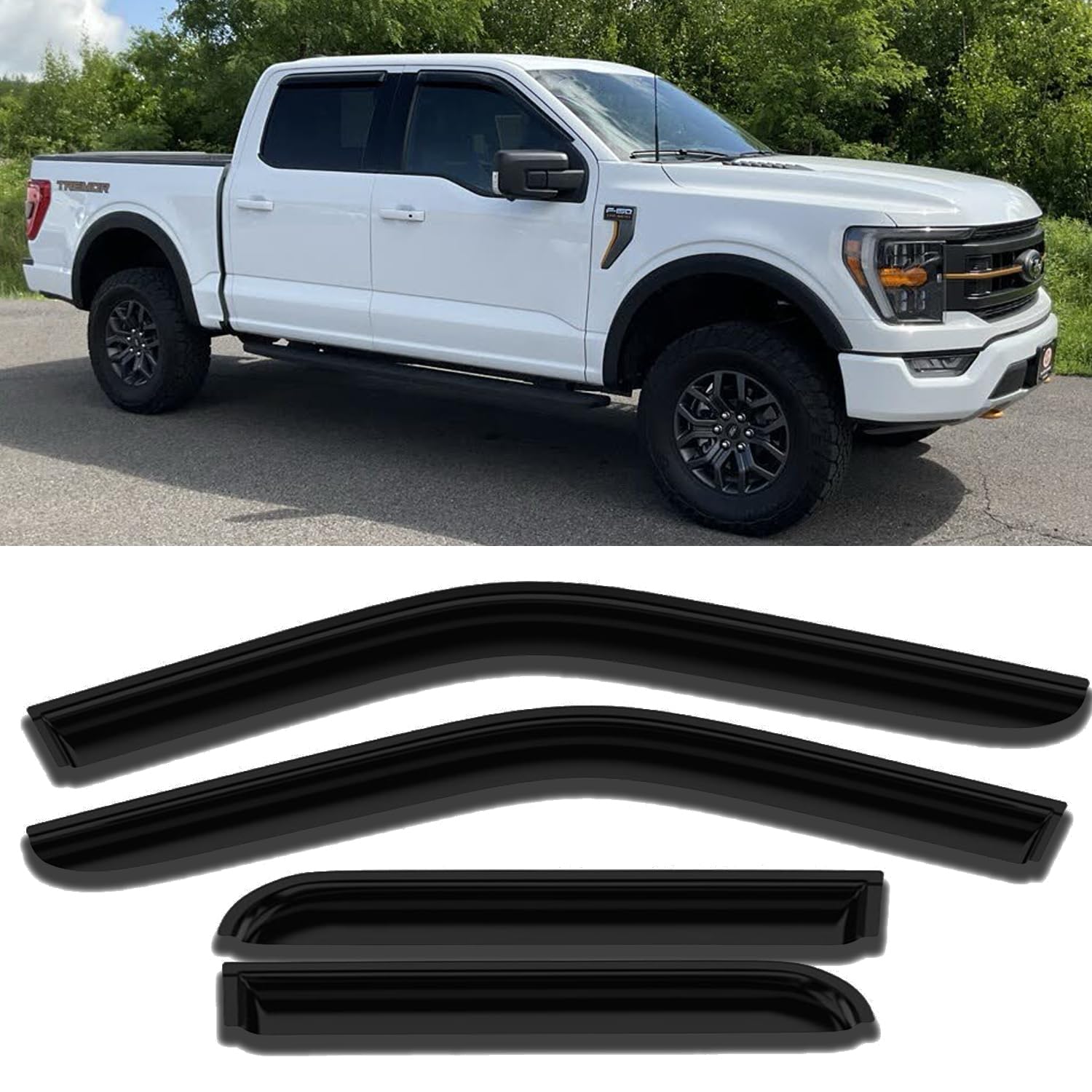 94975 Seitenfenster-Visier, Windabweiser, Belüftungsvisier, Regenschutz, für 2015–2020 F150 Crew & Supercrew Cab, 2017–2020 F250 F350 Super Duty Crew Cab (Supercrew Cab), 4-teiliges Set von Darodcar