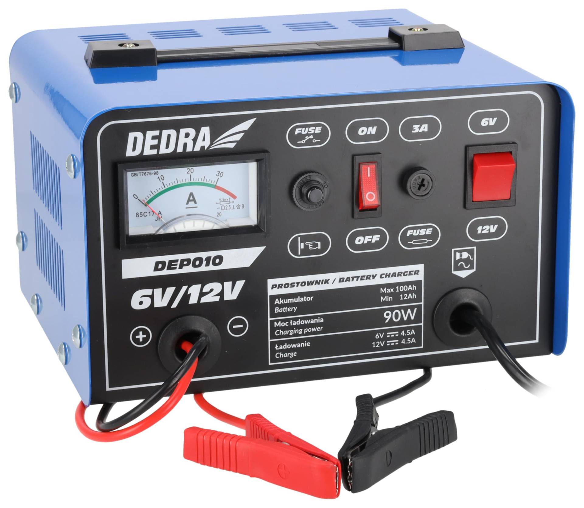 Gleichrichter, Wechselrichter DEDRA DEP010 6/12V Leistung 12-100 Ah, Ladeleistung 90w, mit Stromanzeigefunktion, 3A-Schutz, Länge der Batterieladekabel: 120 cm, von Dedra