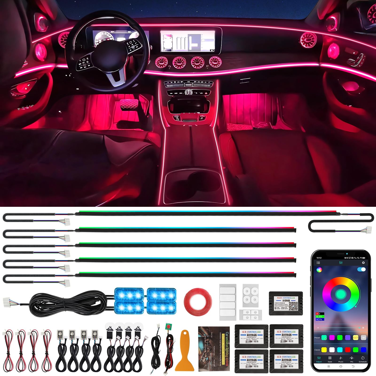 Defvnsy LED Innenbeleuchtung Auto, 6 in 1 RGB Acryl Innenraum LED-Streifen Licht Kit, 64 Farben Universelle Streamer Deko Innenraum Auto Dynamische Atmosphäre Neonlicht mit APP-Steuerung Fernsteuerung von Defvnsy