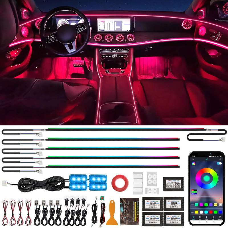 Defvnsy Auto LED Innenbeleuchtung, 17 in 1 RGB Ambientebeleuchtung Auto, 12V Acryl Faseroptikstreifen Bunte LED-Ambiente-Beleuchtung, App + Touch-Schalter, Universelle Innenbeleuchtung Laser für Autos von Defvnsy
