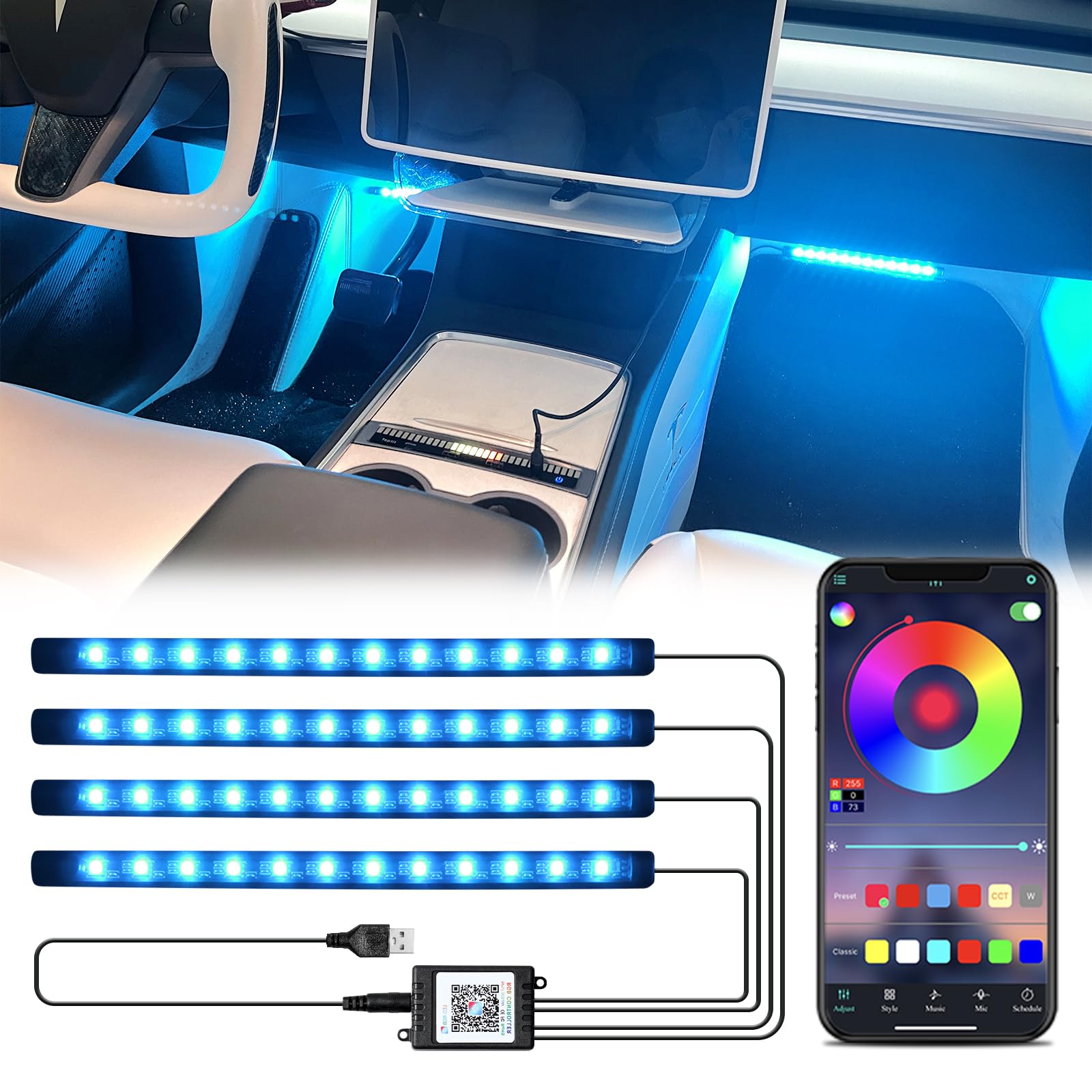 DEFVNSY- Neon LED Auto Innenraum Ambient Strip Light Kit, USB App Fernsteuerung RGB dekorative Lampen Innenraum Stimmung Beleuchtung Dekoration Lichter, Beleuchtung Innenraum Strip (RGB-Neon Lights) von Defvnsy