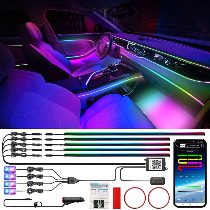 Defvnsy LED Auto Innenraumbeleuchtung, 9 in 1 RGB Acryl Neonbeleuchtung Bausatz, 12V LED-Streifen Auto Ambientebeleuchtung, App- und Schaltersteuerung, Universelle Mehrfarbige Atmosphäre Leuchten von Defvnsy