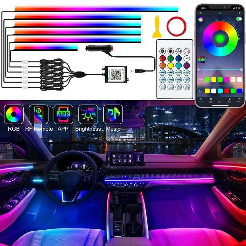 Defvnsy Auto LED Innenbeleuchtung, 6 in 1 RGB Auto Ambientebeleuchtung Neonbeleuchtung, 12V Acryl LED-Streifen Mehrfarbige Atmosphäre Licht, App + Fernbedienung, Universelle Autos Deko Innenraum von Defvnsy