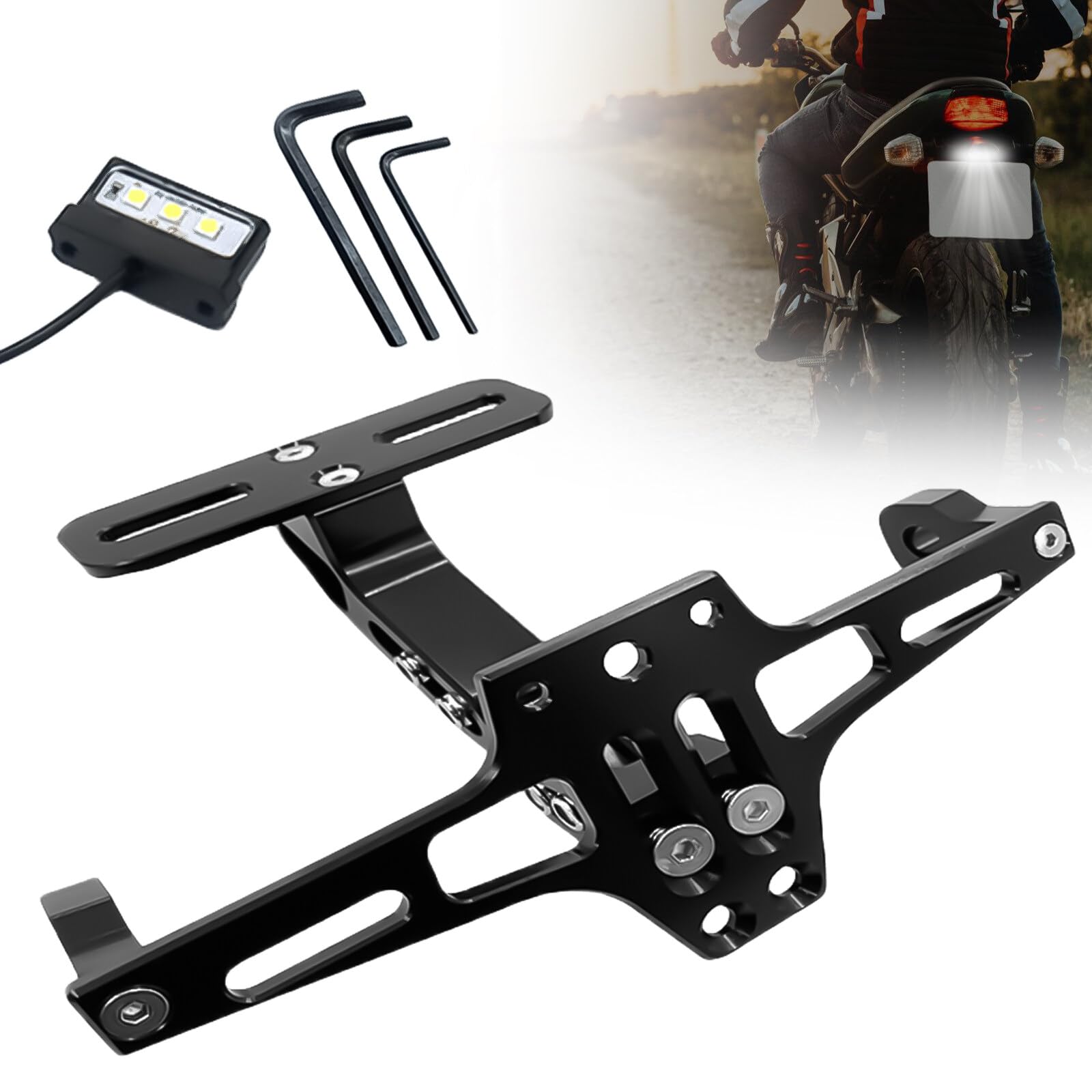 Motorrad Kennzeichenhalter, Nummernschildhalterung Motorrad mit Kennzeichenbeleuchtung, Einstellbare Winkel, Kompatibel mit Den Meisten Gängigen Motorradmodellen für Sportster Z900 SV650, FZS600 Motorrad Kennzeichenhalter, Nummernschildhalterung Motorrad mit Kennzeichenbeleuchtung, Einstellbare Winkel, Kompatibel mit Den Meisten Gängigen Motorradmodellen für Sportster Z900 SV650, FZS600 von Delamiya