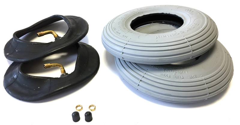 Rollstuhlreifen 2 Stück 200 x 50, (auch 8x2), grau, + 2 Stück Schlauch mit Winkelventil in Fahrtrichtung 90°/30°, Reifen mit Rillenprofil Leichtlauf, Luftdruck 2,5 bar, passend für manuellen Rollstuhl von Deli