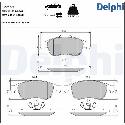 Delphi Bremsbelagsatz, Scheibenbremse [Hersteller-Nr. LP2152] für Dacia, Fiat, Jeep, Nissan, Renault von Delphi