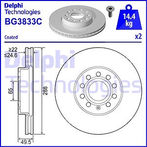 Delphi Bremsscheibe Vorderachse Belüftet [Hersteller-Nr. BG3833C] für Audi, Seat, Skoda, Toyota, VW von Delphi