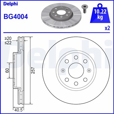 Delphi Bremsscheibe Vorderachse Belüftet [Hersteller-Nr. BG4004] für Fiat, Opel, Vauxhall von Delphi