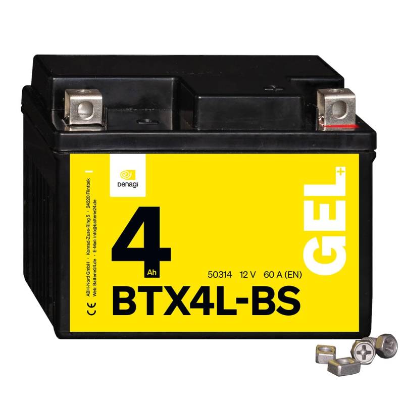 Denagi 50314 GEL BTX4L-BS Motorradbatterie 12V 4Ah, Ersetzt YTX4L-BS, wartungsfrei versiegelt vorgeladen von Denagi