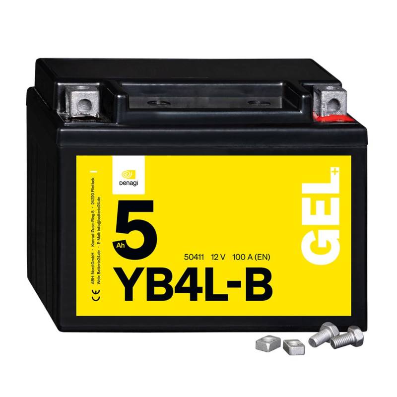 Denagi 50411 GEL YB4L-B Motorradbatterie 12V 5Ah, wartungsfrei versiegelt vorgeladen von Denagi