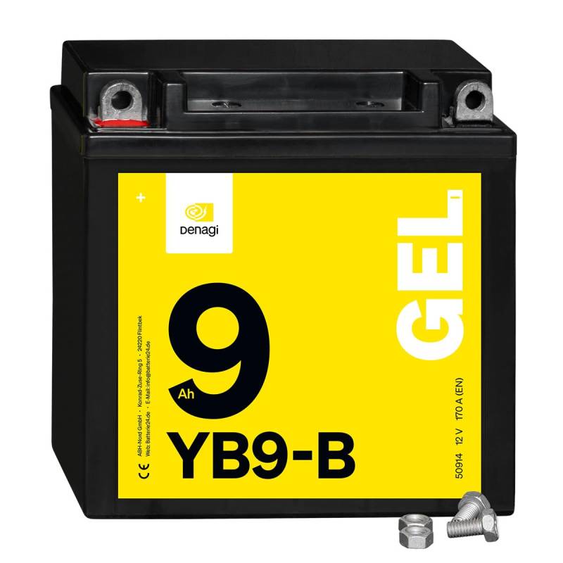 Denagi 50914 GEL YB9-B Motorradbatterie 12V 9Ah, wartungsfrei versiegelt vorgeladen von Denagi