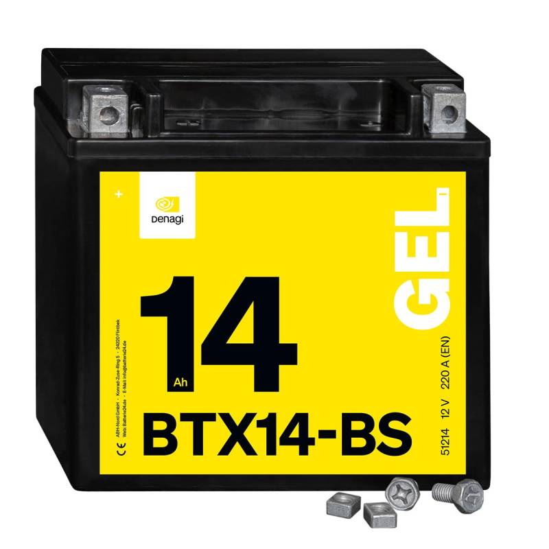 Denagi 51214 GEL BTX14-BS Motorradbatterie 12V 14Ah, Ersetzt YTX14-BS, wartungsfrei versiegelt vorgeladen von Denagi