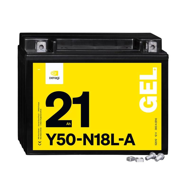 Denagi 52012 GEL Y50-N18L-A Motorradbatterie 12V 21Ah, wartungsfrei versiegelt vorgeladen von Denagi