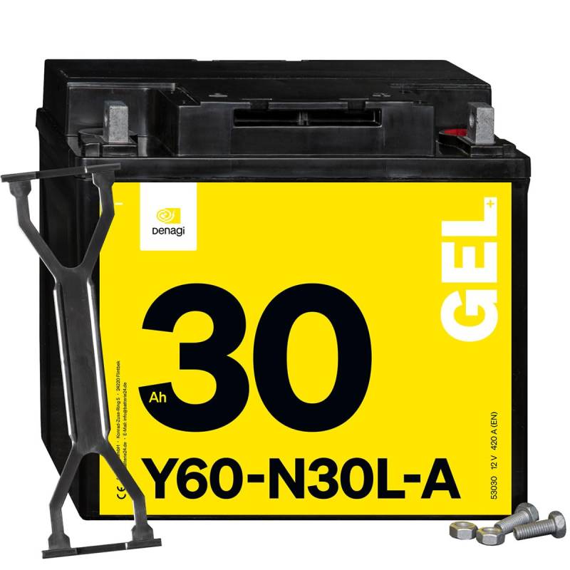 Denagi 53030 GEL Y60-N30L-A Motorradbatterie 12V 30Ah, wartungsfrei versiegelt vorgeladen von Denagi