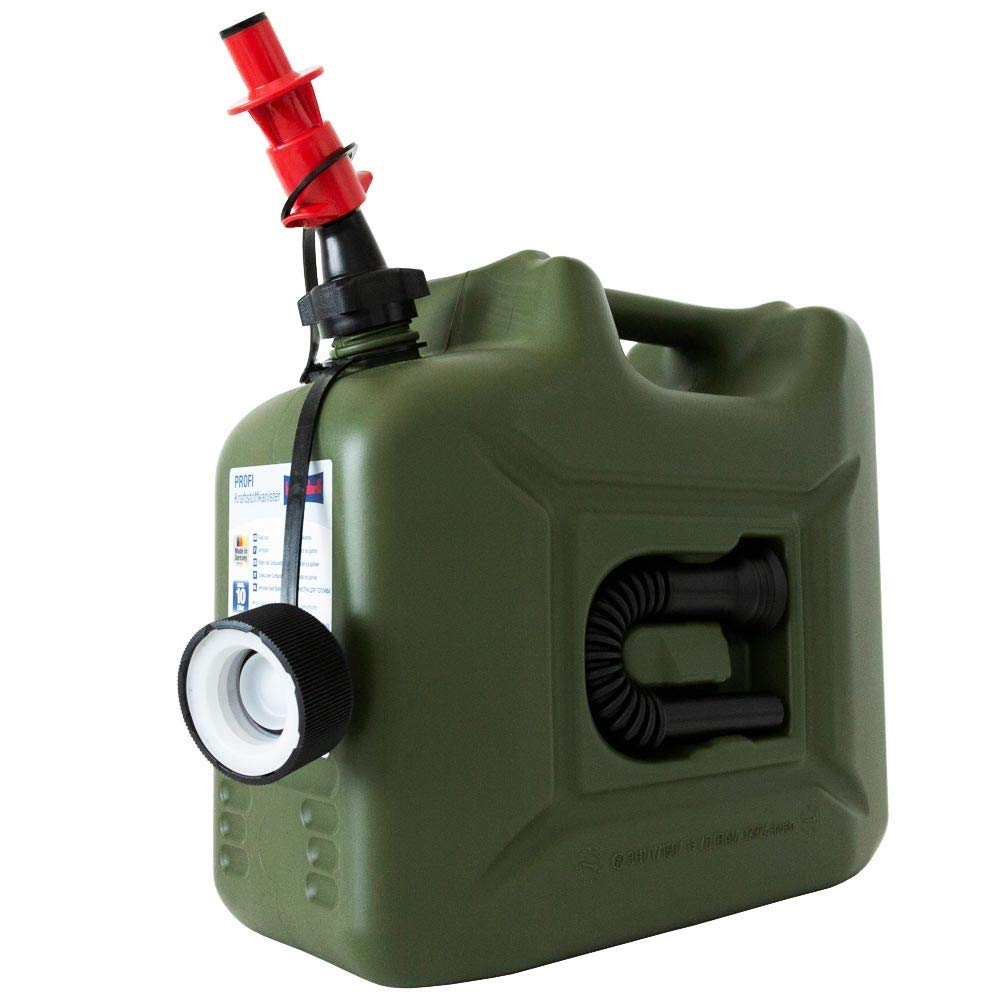10 Liter Benzinkanister mit Sicherheits-Einfüllsystem inkl. Auslaufrohr und UN-Zulassung für Benzin, Diesel und E10 geeignet von Denqbar