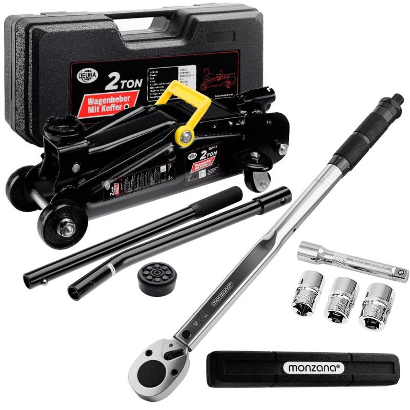 Deuba® 2t Wagenheber hydraulisch 135-330mm Set inkl. Gummiauflage Drehmomentschlüssel 6tlg. 1/2' 40-210Nm Koffer KFZ Auto Rangierwagenheber Hydraulik von Deuba