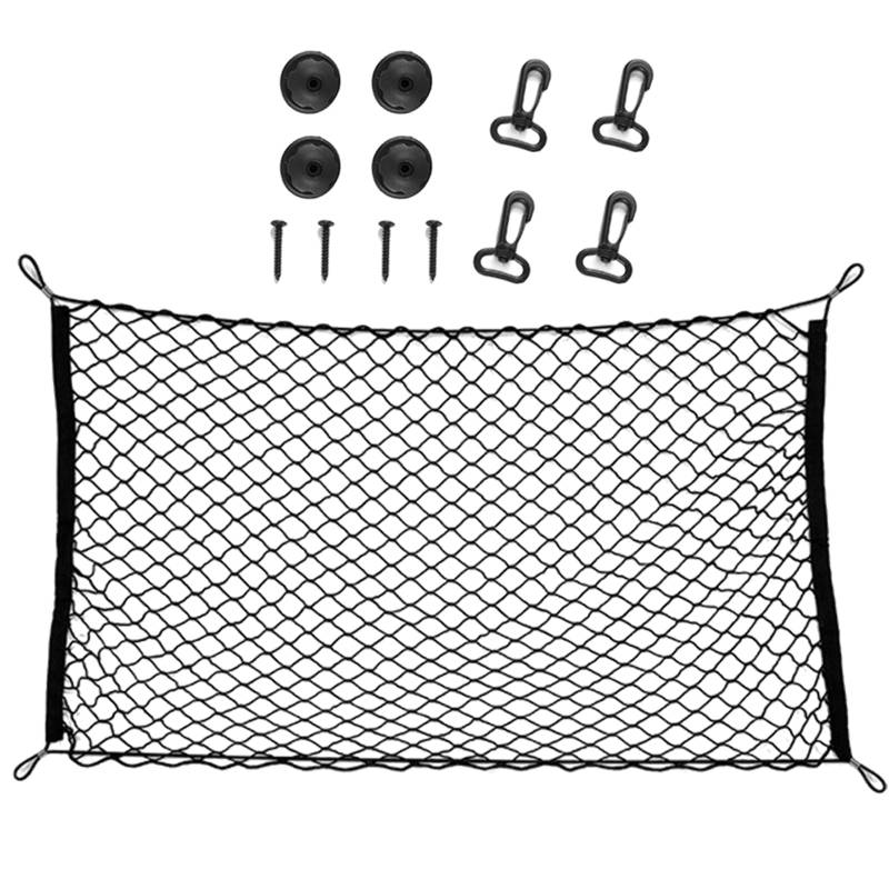 1 Stück Gepäcknetz Auto Kofferraumnetz, Polyesterfaser Super Elastisch Sich auf 110x60cm, Gepäckschutznetz mit 4 Haken,Nägel, Fixatoren, Trennnetz Gepäckfixierung für Meisten Fahrzeugtypen von Devenirriche