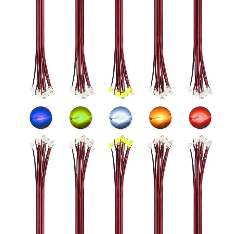 DiCUNO 100 Stk. 0805 Mikro LED Dioden, 20mA 16CM gelötete Mini LED Leuchtdiode, 5 gemischte Farbe für DIY, Modellbau, Modelllayout, Dekor von DiCUNO