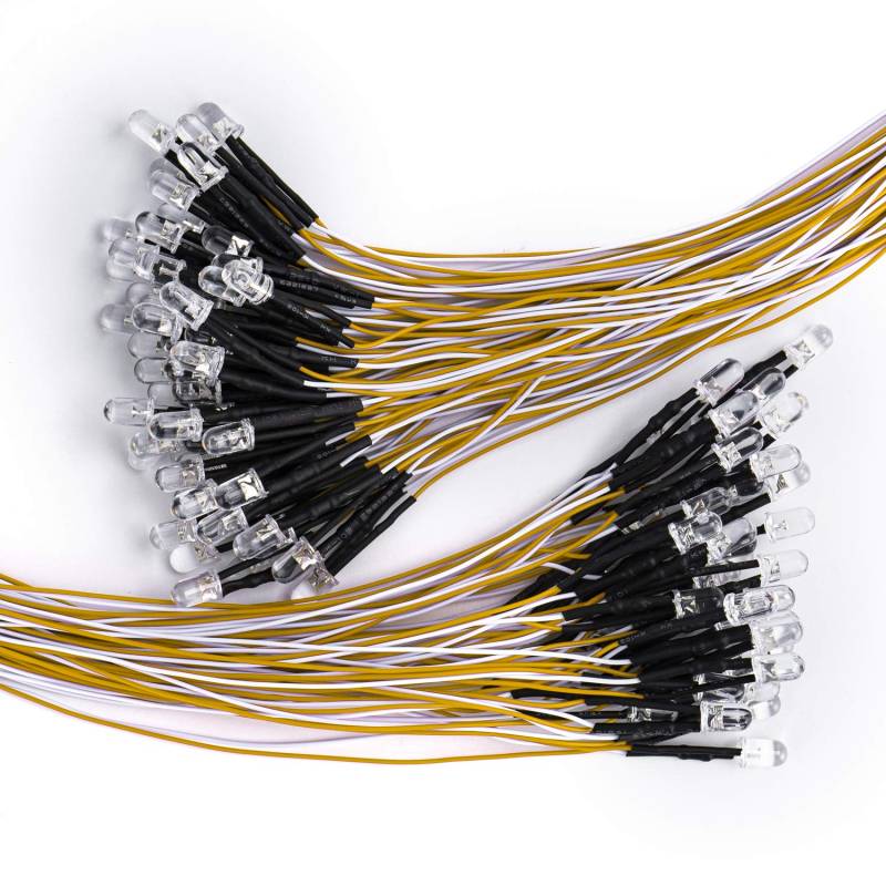 DiCUNO 100Pcs 5mm LED Dioden mit Kabel 24-25CM, 12V LEDs vorverdrahtetes Licht, verdrahtete mit Widerstand 550Ω für Lichtprojekt, Warmweiß von DiCUNO