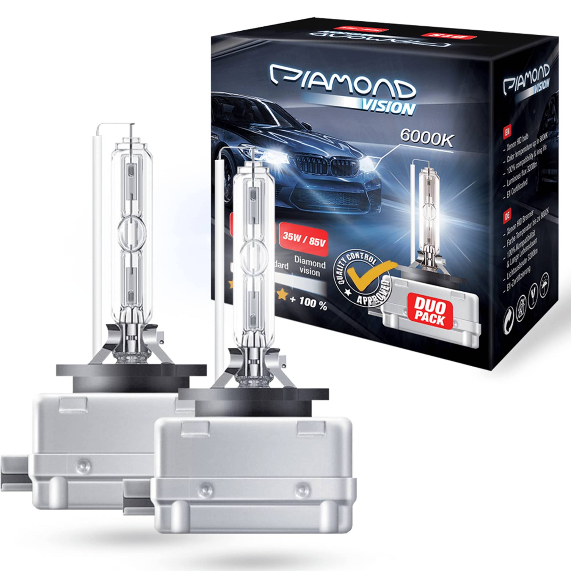 Diamond Vision 2x D1S 85V 35W | Xenon Look | Zugelassen & eintragungsfrei | Halogen KFZ Autolampen | 6000k Super Ultra White | HID Bi | Nightbreaker | E-Prüfzeichen | PK32d-2 von Diamond Vision