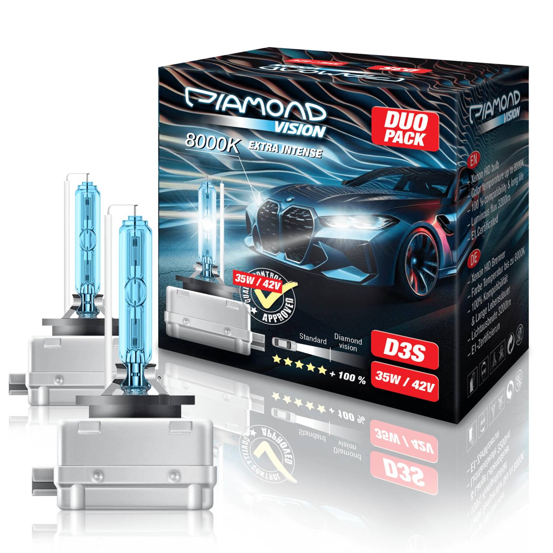 Diamond Vision 2X D3S 42V 35W | Xenon Look | Zugelassen & eintragungsfrei | Halogen KFZ Autolampen | 8000k Super Ultra White | HID Bi | Nightbreaker | E-Prüfzeichen | PK32d-5 von Diamond Vision