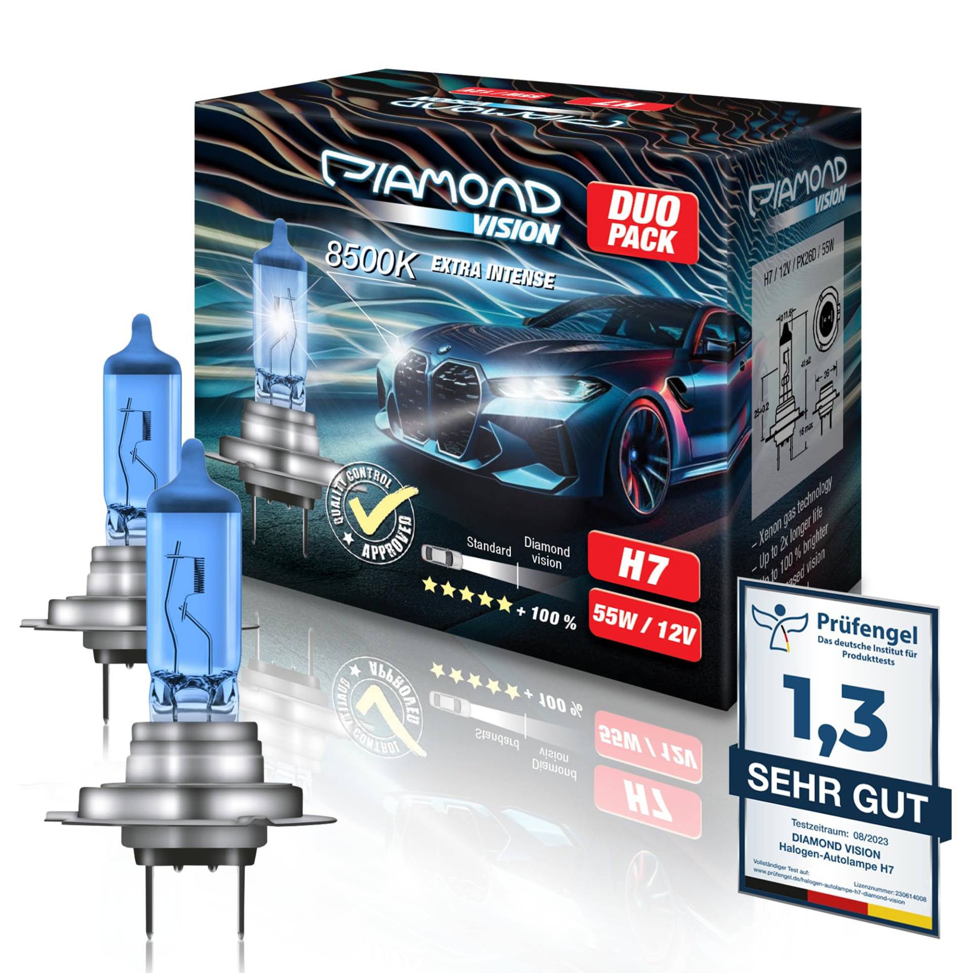 Diamond Vision 2x H7 12V 55W | Xenon Look | Halogen KFZ Autolampen | Kaltweiß | zweimal so langlebig | Duobox | E-Prüfzeichen | PX26D von Diamond Vision