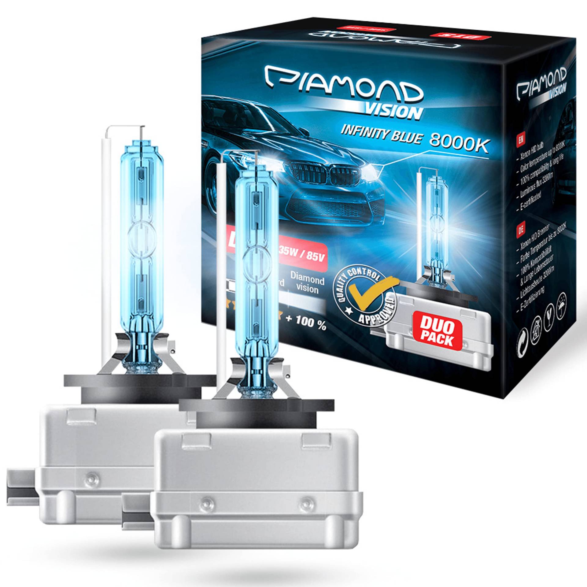 Diamond Vision 2X D1S 85V 35W | Xenon Look | Zugelassen & eintragungsfrei | Halogen KFZ Autolampen | 8000k Super Ultra White | HID Bi | Nightbreaker | E-Prüfzeichen | PK32d-2 von Diamond Vision