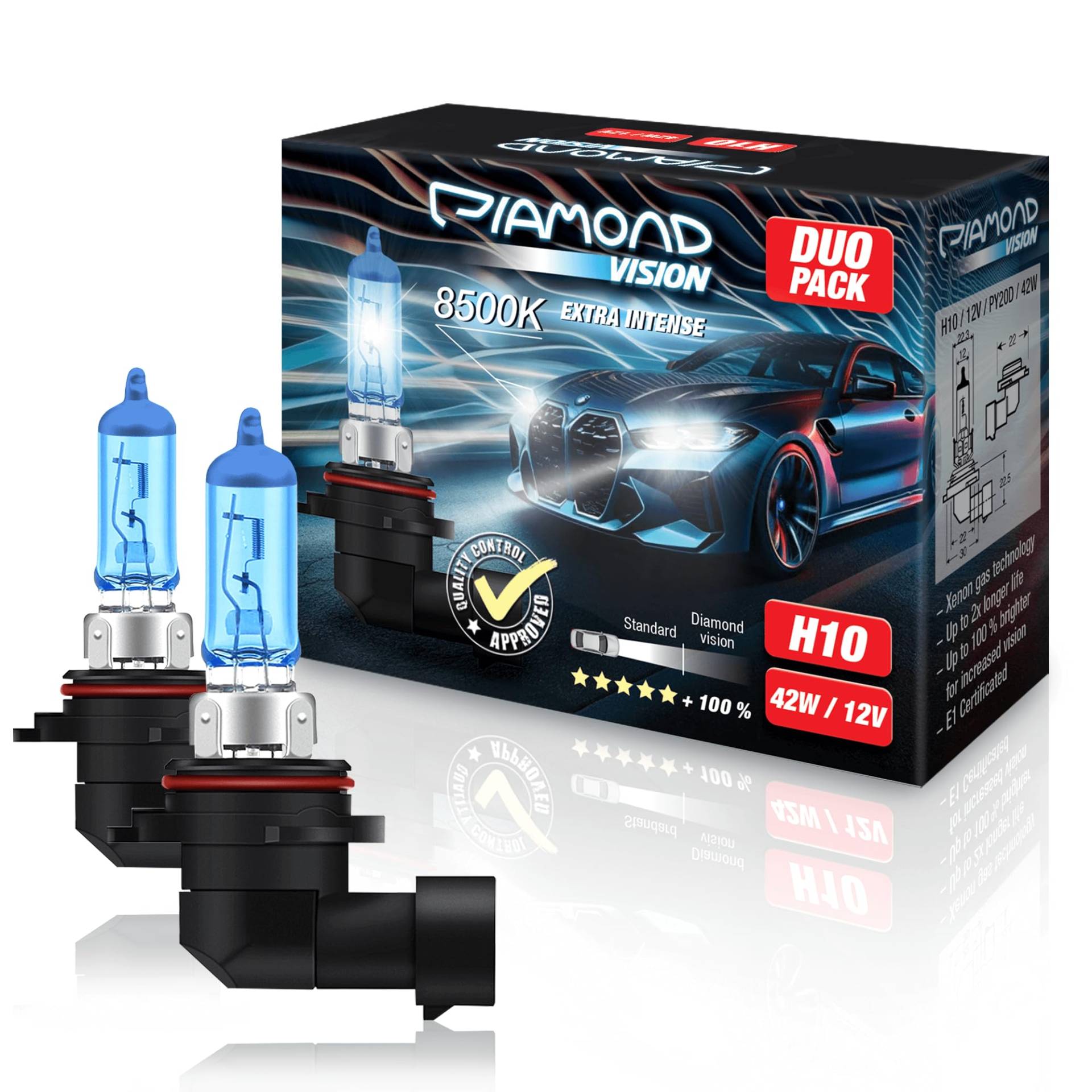 Diamond Vision 2x H10 12V 42W | Xenon Look | Halogen KFZ Autolampen | zweimal so langlebig | Nightbreaker | E-Prüfzeichen | PY20D von Diamond Vision