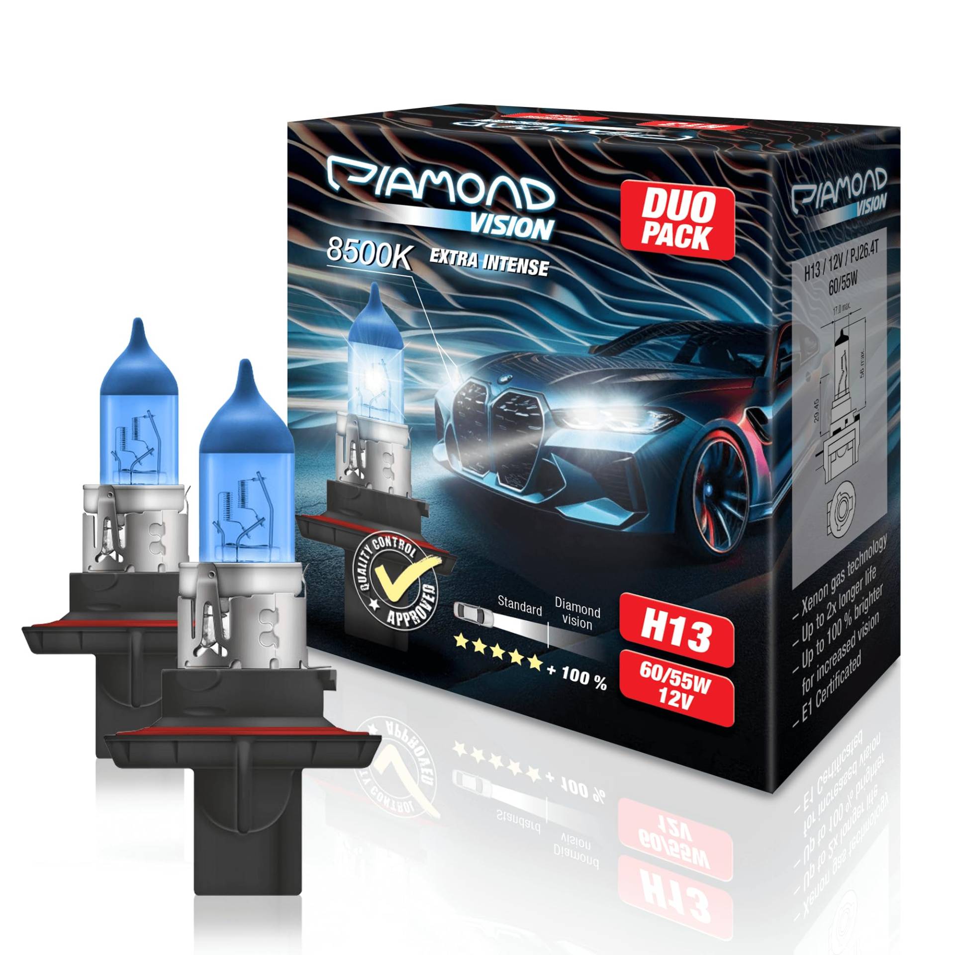 Diamond Vision 2x H13 12V 60/55W | Xenon Look | Halogen KFZ Autolampen | 8500k Super Ultra White | Kaltweiß | extrem langlebig | E-Prüfzeichen | PJ26.4T von Diamond Vision