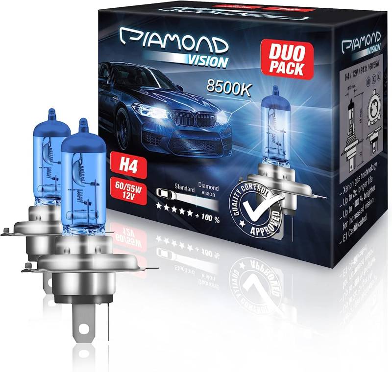 Diamond Vision 2x H4 12V 60/55W | Xenon Look | Halogen KFZ Autolampen | 8500k Super Ultra White | zweimal so langlebig | Duobox | E-Prüfzeichen | P43t von Diamond Vision