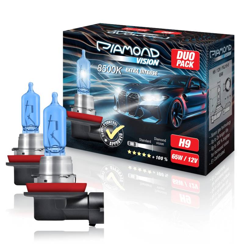 Diamond Vision 2x H9 12V 65W | Xenon Look | Halogen KFZ Autolampen | 8500k Super Ultra White | zweimal so langlebig | Duobox | E-Prüfzeichen | PGJ19-5 von Diamond Vision