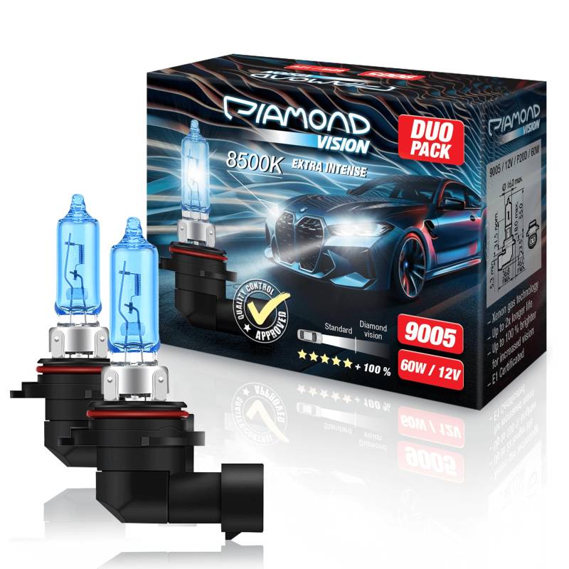Diamond Vision 2x HB3 9005 12V 60W | Xenon Look | Halogen KFZ Autolampen | 8500k Super Ultra White | Kaltweiß | Duobox | E-Prüfzeichen | P20D von Diamond Vision