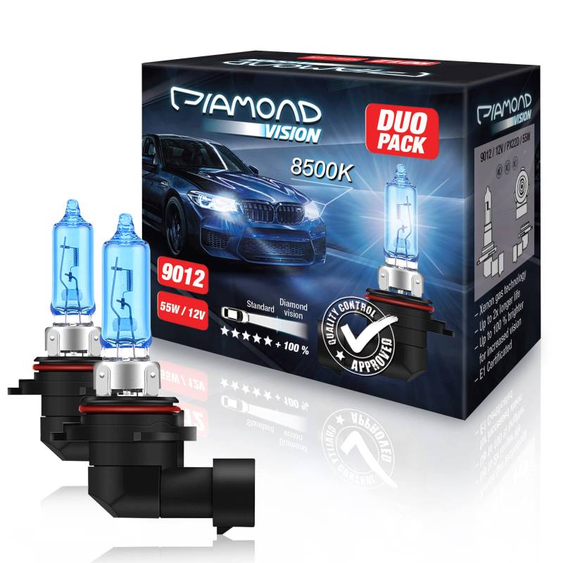 Diamond Vision HIR2 9012 12V 55W | Xenon Look | Halogen KFZ Autolampen | 8500k Super Ultra White | Kaltweiß | extrem langlebig | E-Prüfzeichen | PX22D von Diamond Vision