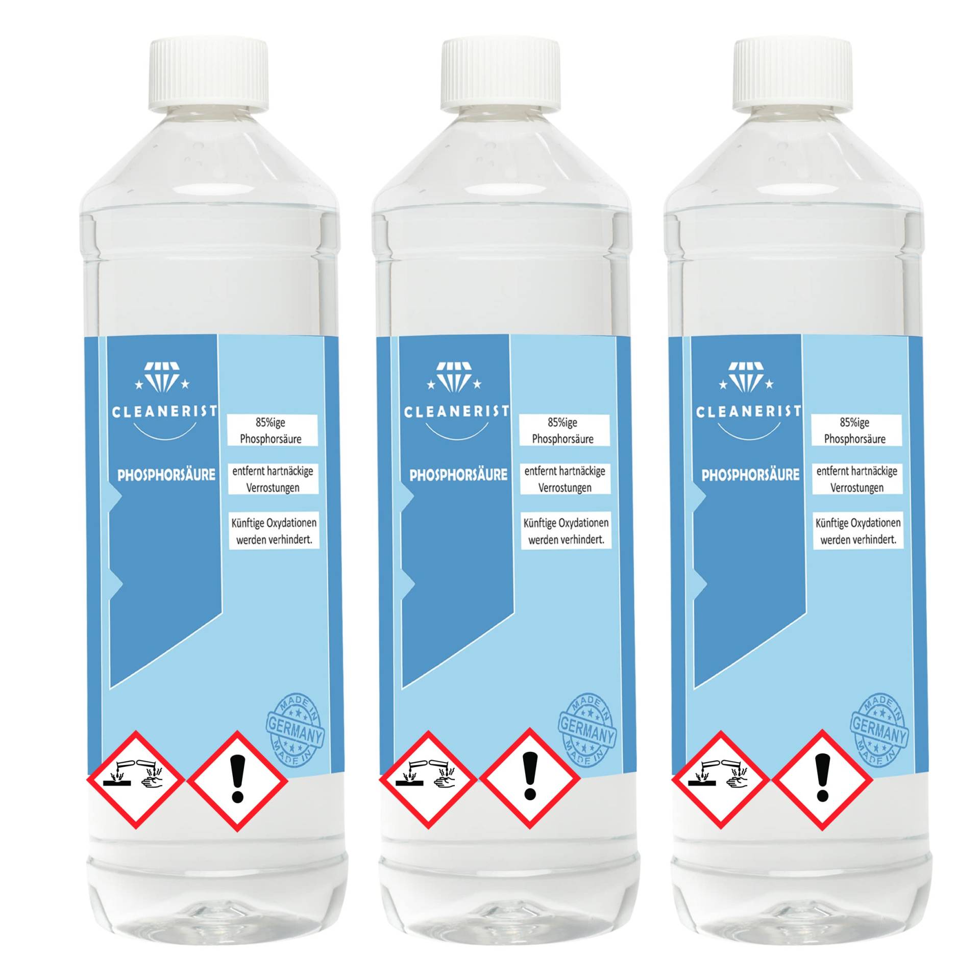 Die Seifenblase Cleanerist Phosphorsäure 85% I H3PO4 - E338 I Rostumwandler I Kalklöser I Urinsteinlöser I 3x1 Liter Die Seifenblase Cleanerist Phosphorsäure 85% I H3PO4 - E338 I Rostumwandler I Kalklöser I Urinsteinlöser I 3x1 Liter von Die Seifenblase