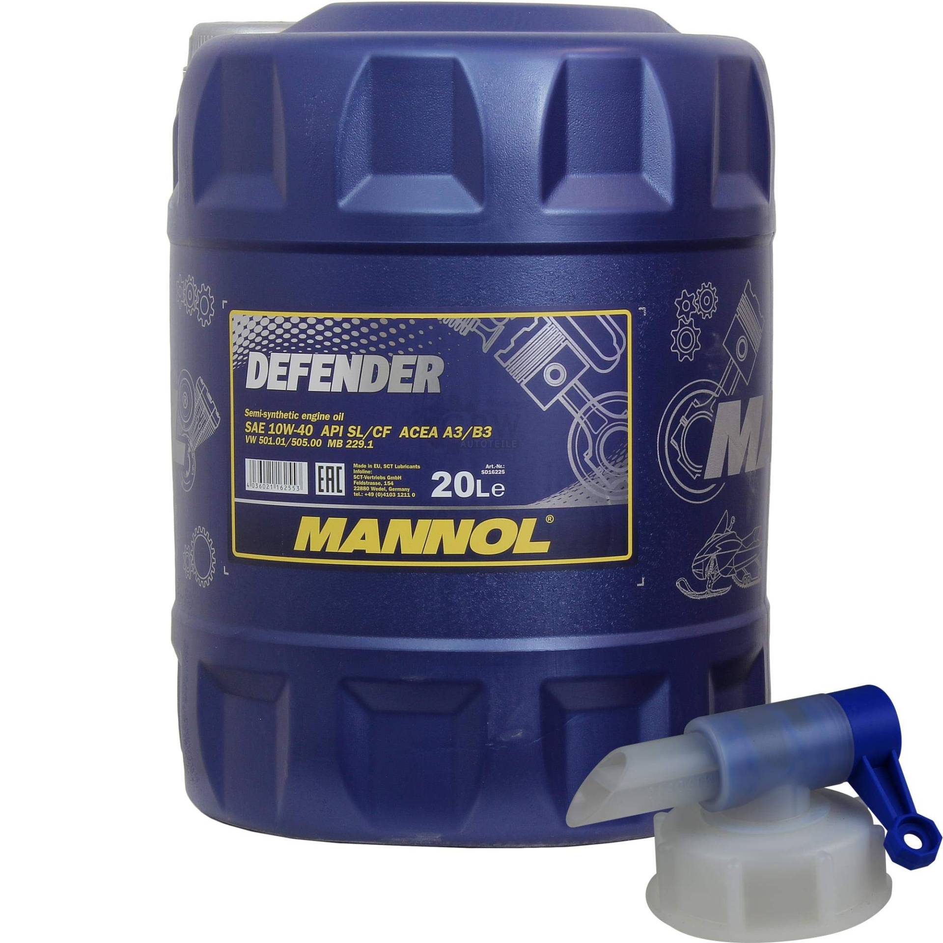 20 Liter MANNOL Defender 10W-40 API SL/CF Öl Motoröl MN7507-20 inkl. Auslaufhahn von Diederichs