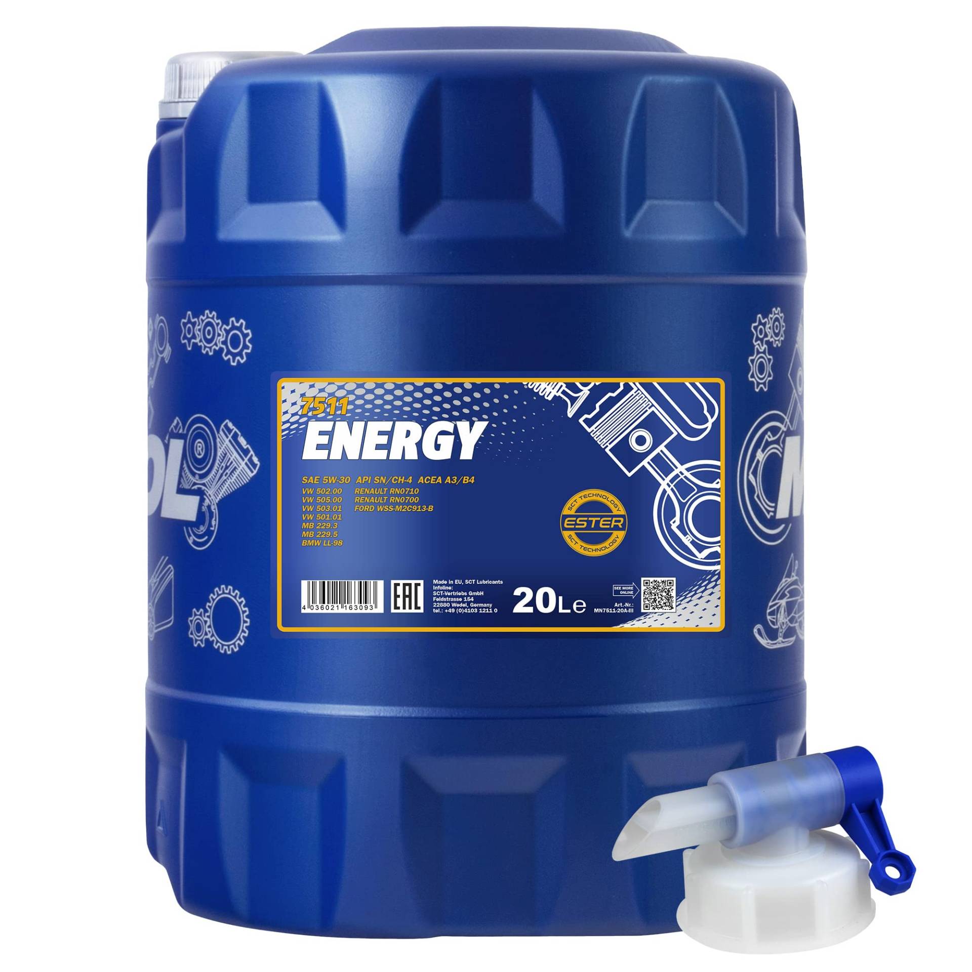 20 Liter MANNOL Motoröl Energy 5W-30 API SL/CF Engine Oil Öl inkl. Auslaufhahn von Diederichs