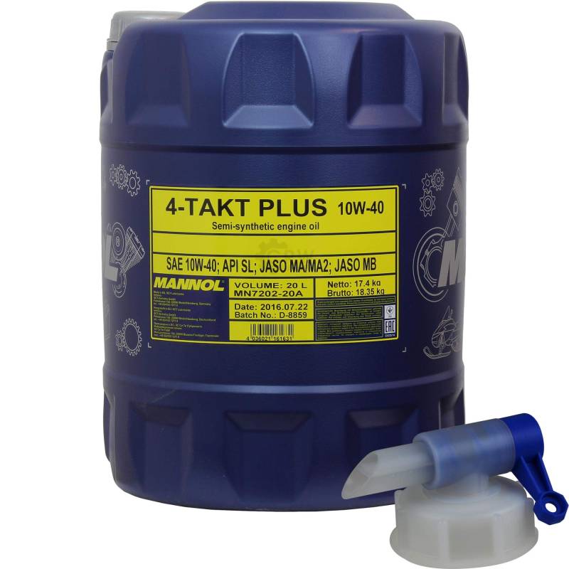20L MANNOL 4-Takt Plus 10W-40 API SL JASO MA2 Öl Motorradöl inkl Auslaufhahn von Diederichs