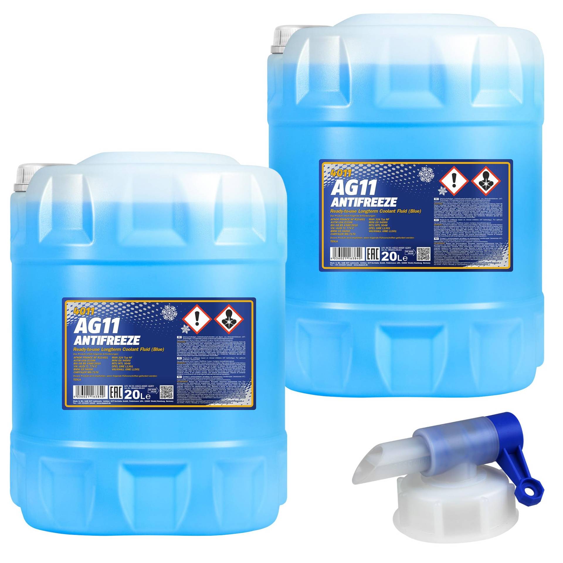2x 20 L MANNOL Kühlerfrostschutz Longterm Antifreeze AG11 blau + Auslaufhahn Typ G11 von Diederichs