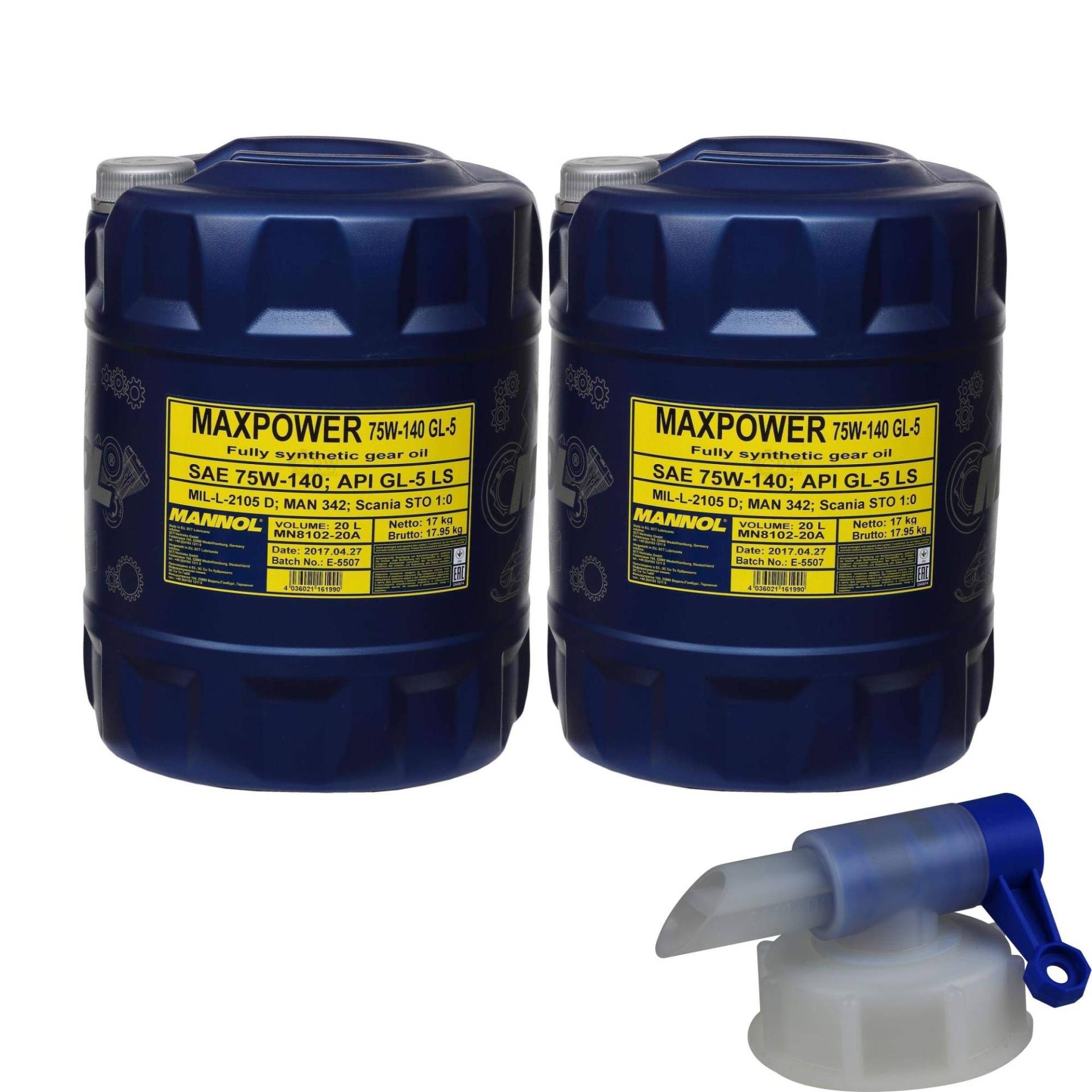 2x 20 Liter MANNOL Getriebeöl Maxpower 4x4 75W-140 API GL 5 LS + Auslaufhahn 2x 20 Liter MANNOL Getriebeöl Maxpower 4x4 75W-140 API GL 5 LS + Auslaufhahn von Diederichs
