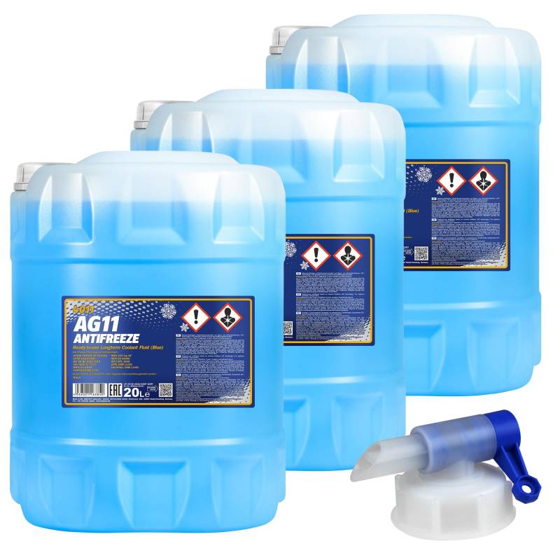 3x 20 L MANNOL Kühlerfrostschutz Longterm Antifreeze AG11 blau + Auslaufhahn Typ G11 von Diederichs