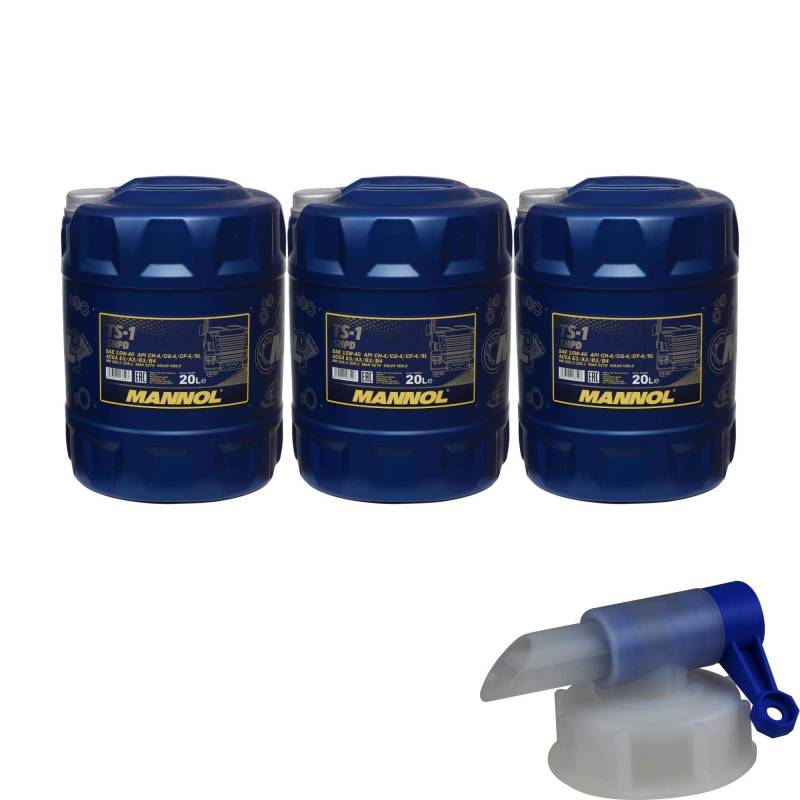 3x 20 Liter MANNOL Motoröl TS-1 SHPD 15W-40 API CH-4/CG-4/CF-4/SL + Auslaufhahn von Diederichs