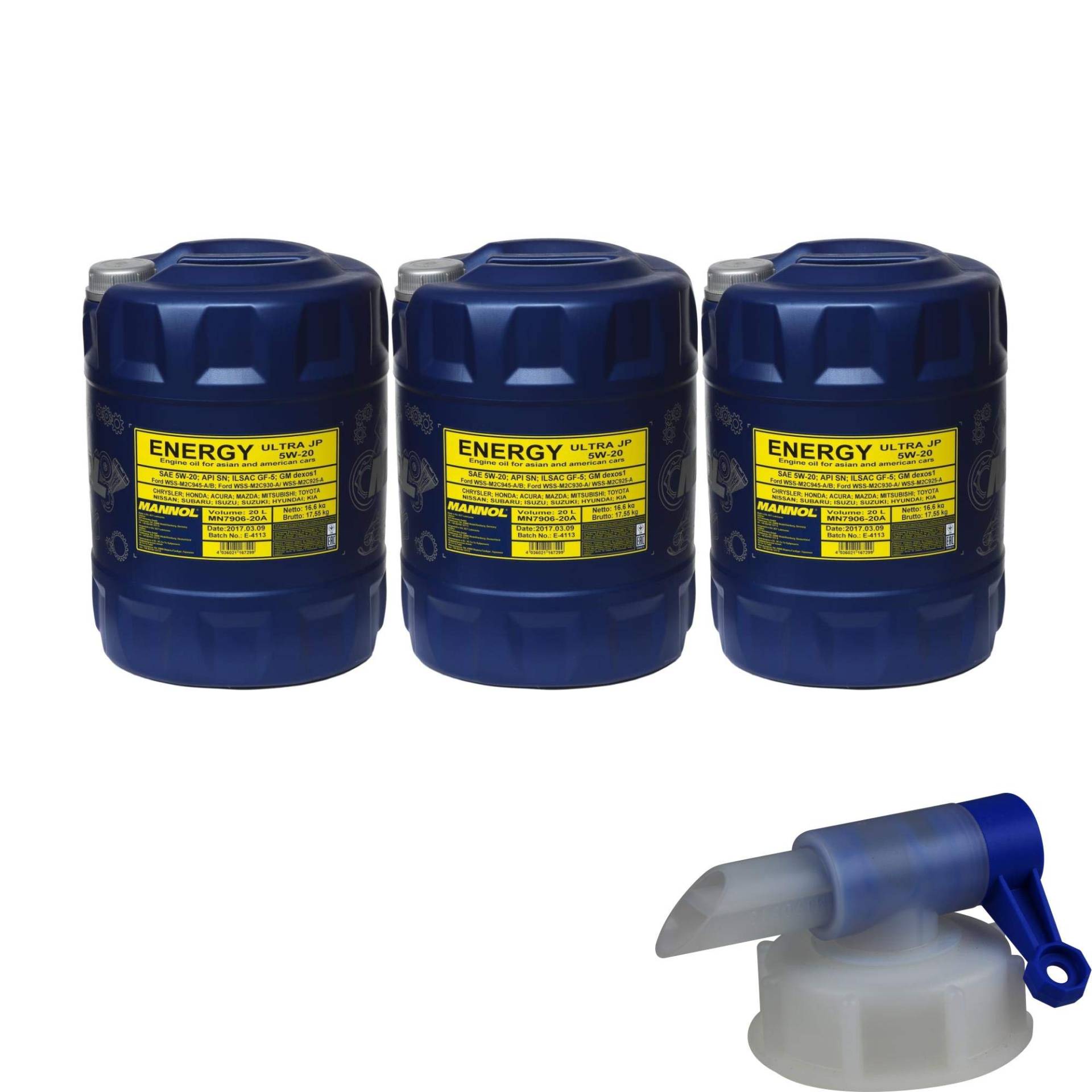 3x 20 Liter Orignal MANNOL Motoröl Energy Ultra JP 5W-20 API SN Engine Oil Öl von Diederichs