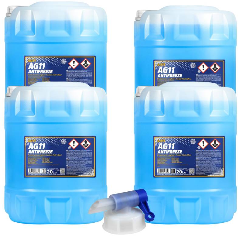 4x 20 L MANNOL Kühlerfrostschutz Longterm Antifreeze AG11 blau + Auslaufhahn Typ G11 von Diederichs