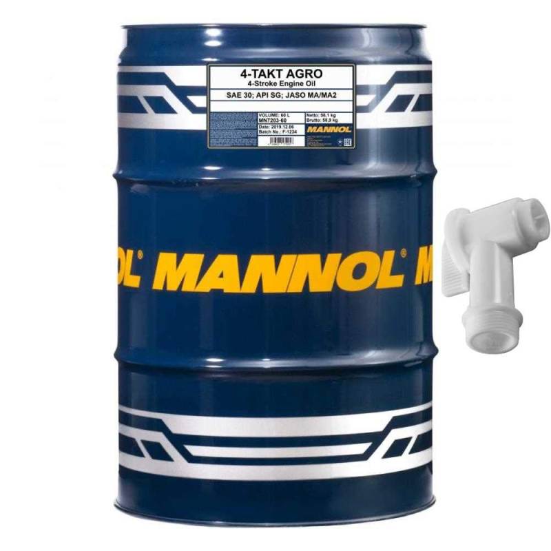 60 Liter MANNOL 4-Takt Agro SAE 30 Öl Gartentechnik API SG JASO MA/MA2 inkl. Auslaufhahn von Diederichs