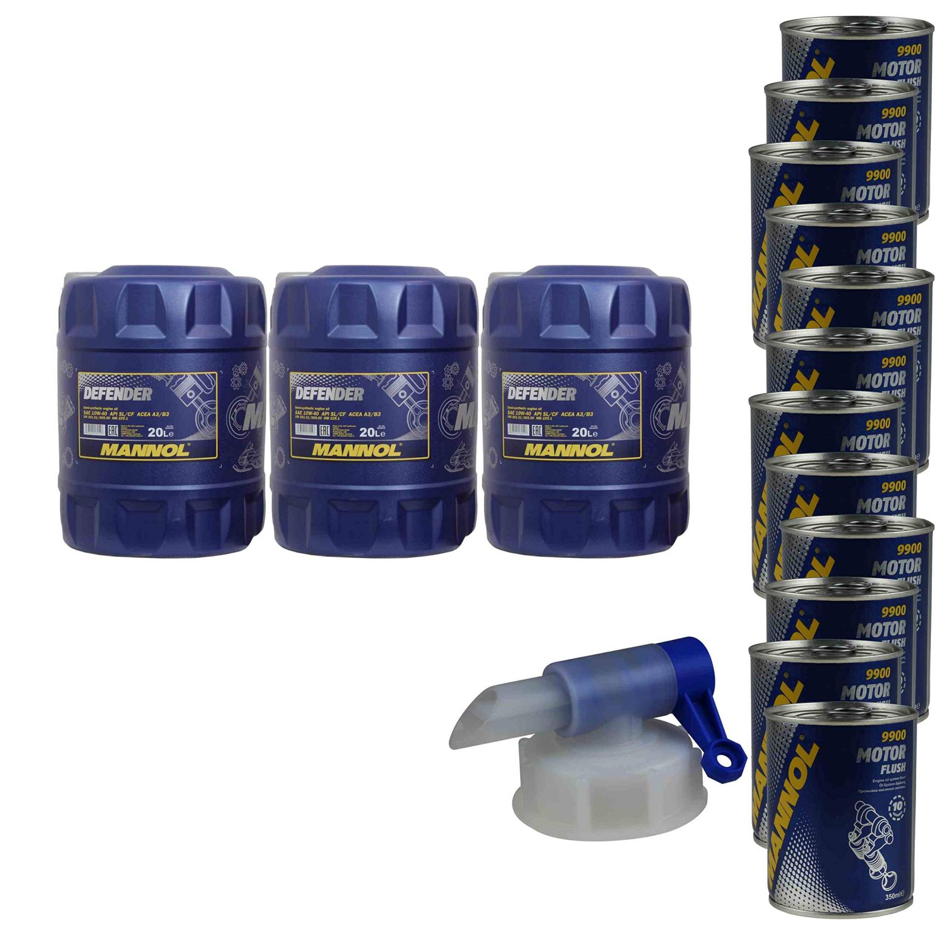 60L Motoröl MANNOL Defender 10W-40 12x Motor Flush ADDITIV 60L Motoröl MANNOL Defender 10W-40 12x Motor Flush ADDITIV von Diederichs