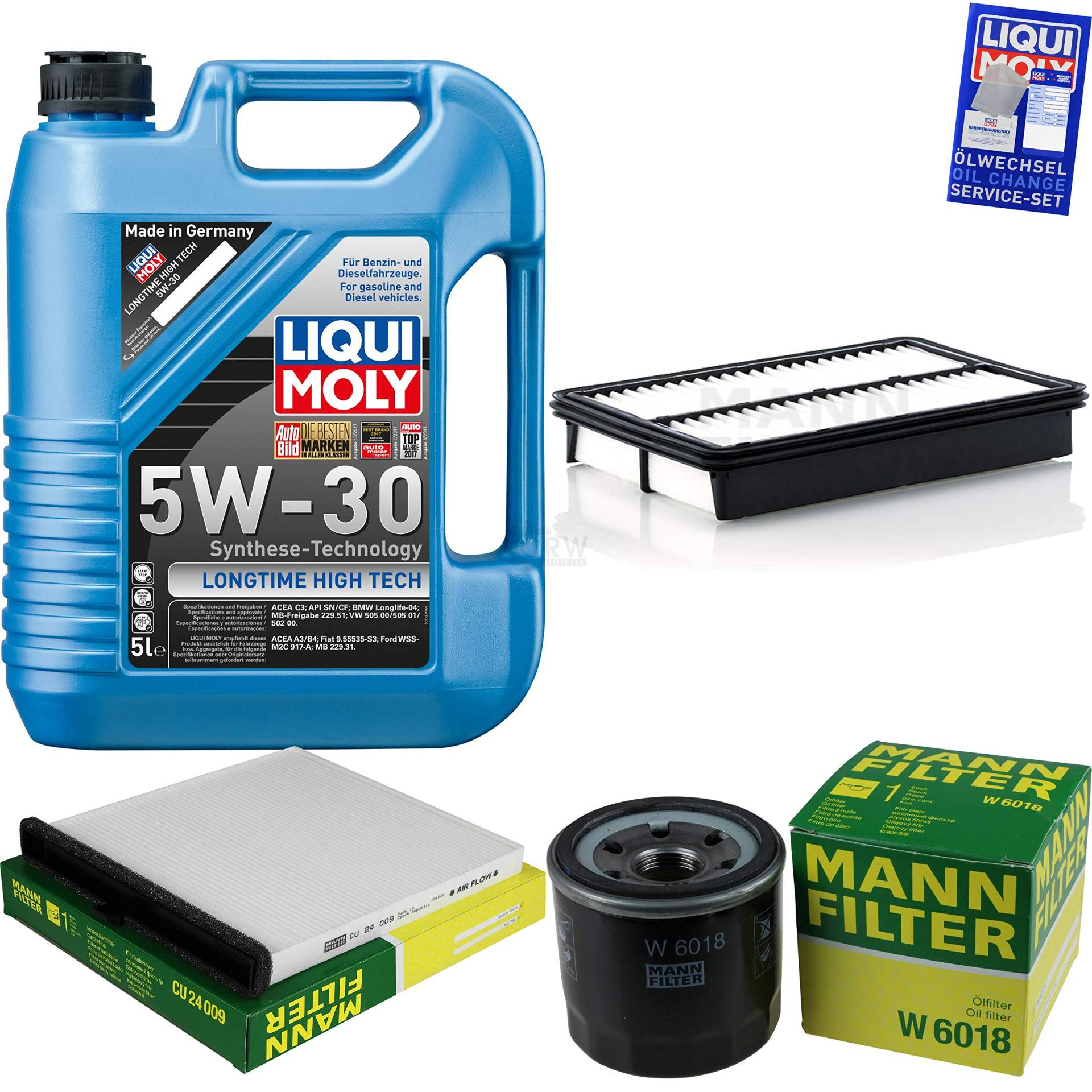 Filter Set Inspektionspaket 5 Liter Motoröl Longtime High Tech 5W-30 MANN-FILTER Innenraumfilter Luftfilter Ölfilter Filter Set Inspektionspaket 5 Liter Motoröl Longtime High Tech 5W-30 MANN-FILTER Innenraumfilter Luftfilter Ölfilter von Diederichs