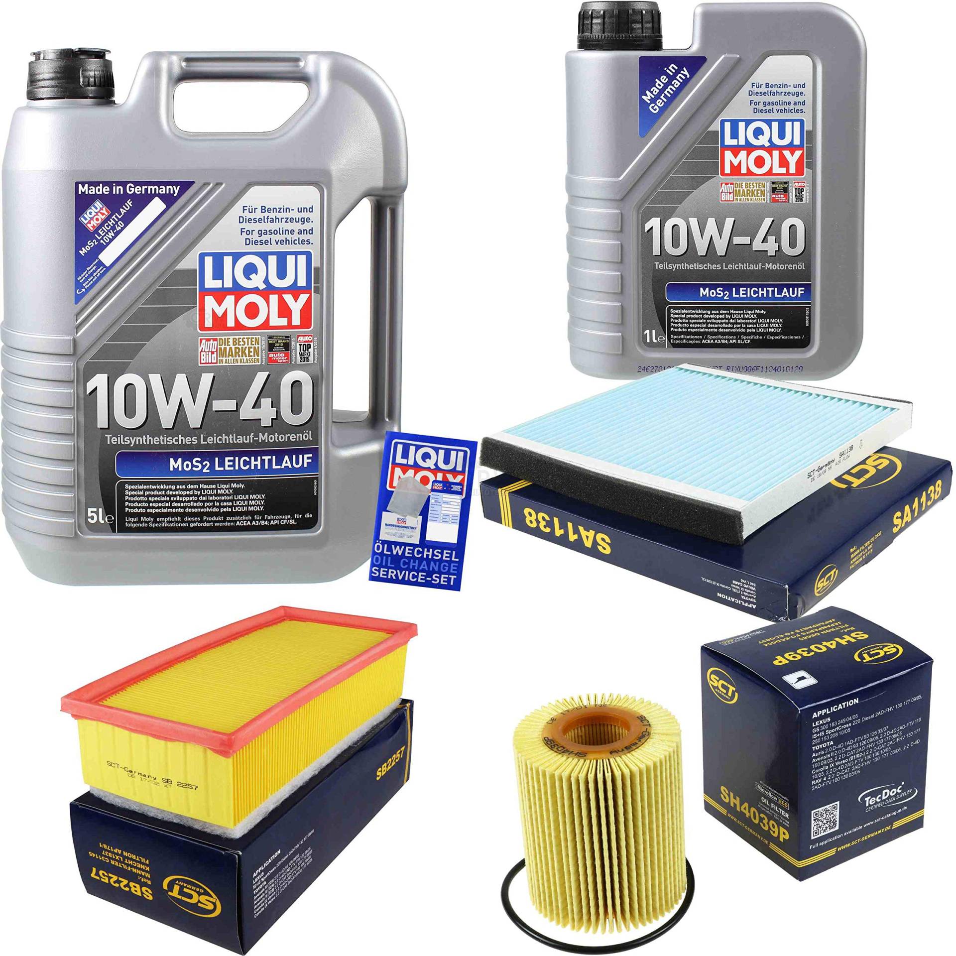 Filter Set Inspektionspaket 6 Liter Motoröl MoS2 Leichtlauf 10W-40 SCT Germany Innenraumfilter Luftfilter Ölfilter Filter Set Inspektionspaket 6 Liter Motoröl MoS2 Leichtlauf 10W-40 SCT Germany Innenraumfilter Luftfilter Ölfilter von Diederichs