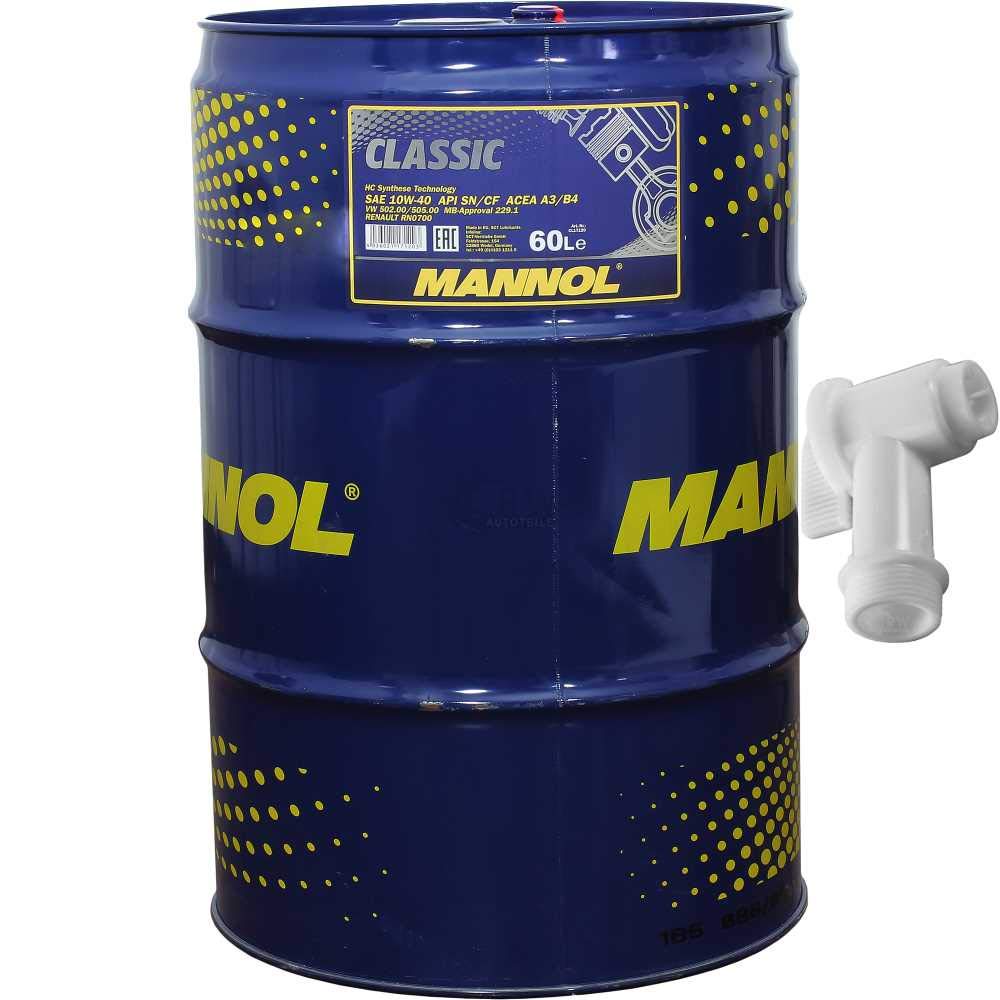 MANNOL 60 L Classic 10W-40 API SN/SM/CF Öl Motoröl MN7501-60 inkl. Auslaufhahn SAE ACEA A3/B4 MB 229.1 RN0700 502.00/505.00 von Diederichs