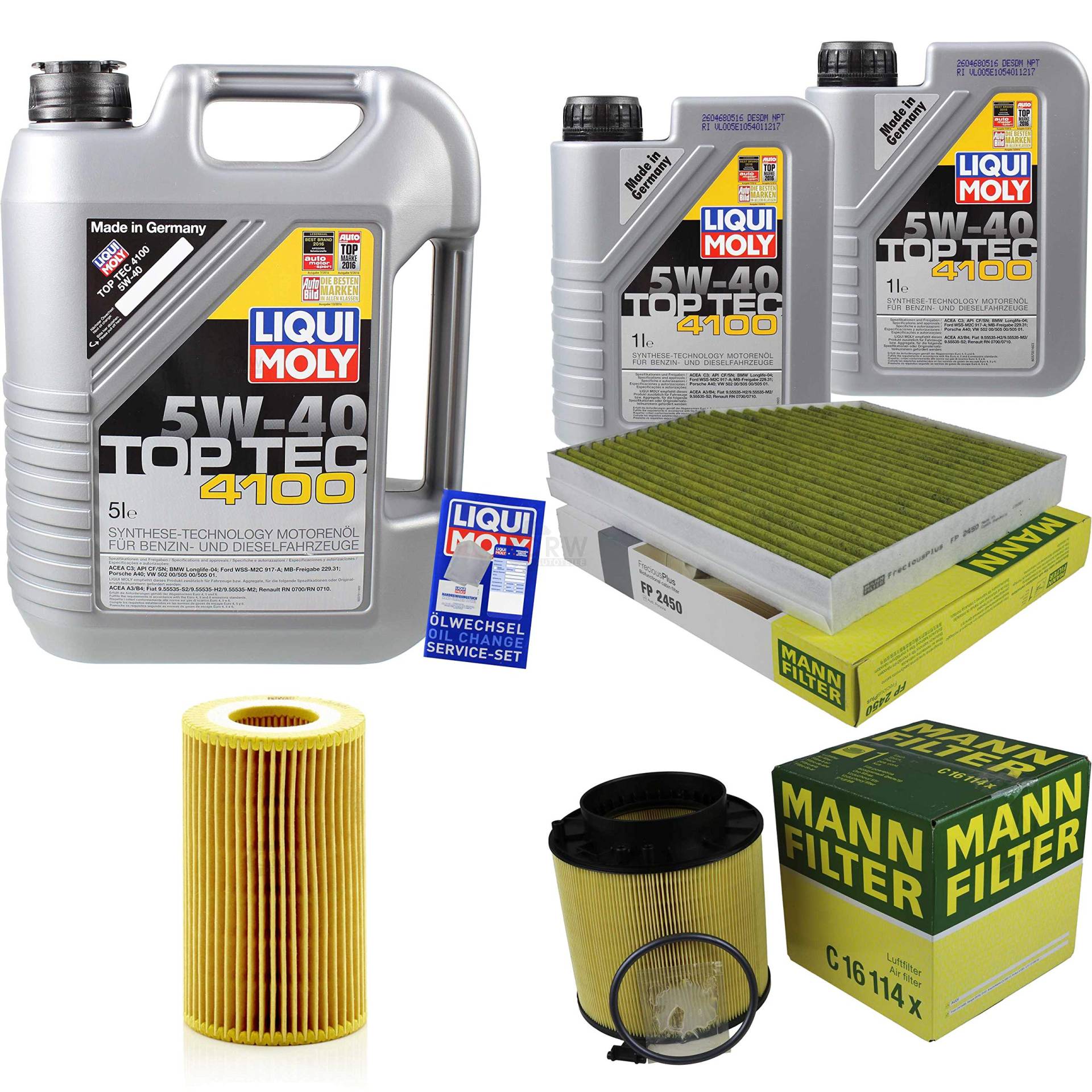 QR-PARTS 69340407 Filter Set Inspektionspaket 7 Liter Motoröl Top Tec 4100 5W-40 MANN-FILTER Innenraumfilter Luftfilter Ölfilter QR-PARTS 69340407 Filter Set Inspektionspaket 7 Liter Motoröl Top Tec 4100 5W-40 MANN-FILTER Innenraumfilter Luftfilter Ölfilter von Diederichs