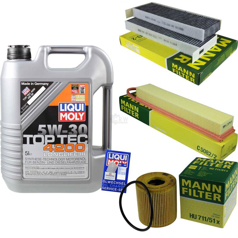 QR-PARTS 69368247 Filter Set Inspektionspaket 5 Liter Motoröl Top Tec 4200 5W-30 MANN-FILTER Innenraumfilter Luftfilter Ölfilter von Diederichs